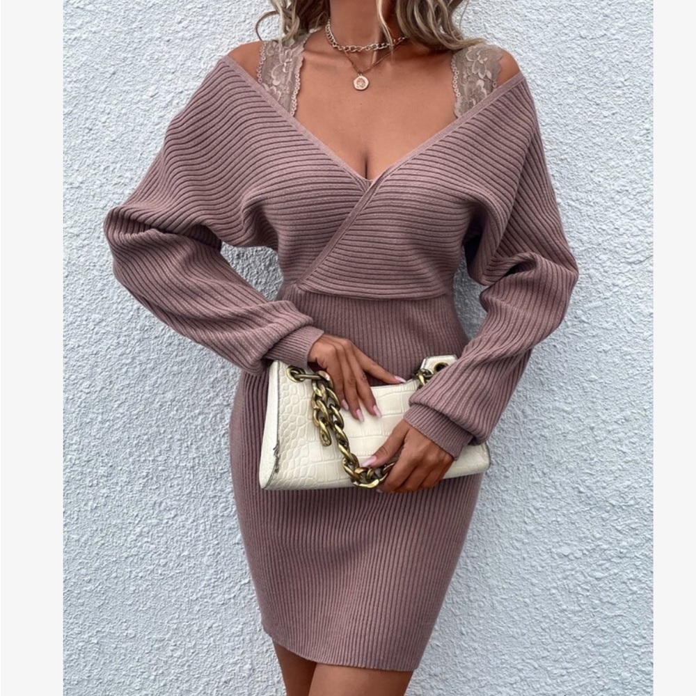 Elegant Contrast Lace Cold Off the Shoulder Dolman Sleeve Ribbed Sweater Dress - Picture 4 of 6